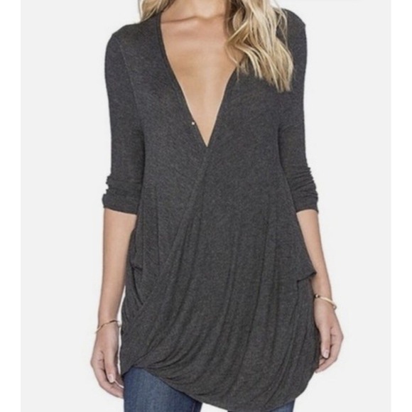 We The Free Tops - We The Free People Miss Rose Surplice Wrap Top Dark Grey Size Small Oversized
